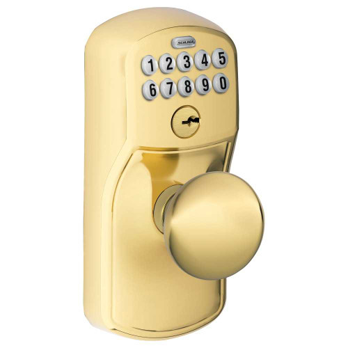 Schlage Residential FE595 PLY505PLY Grade 2 Keypad Entry with Flex Lock Plymouth Trim Plymouth Knob Lifetime Brass Finish Non-Handed FE595 PLY505PLY