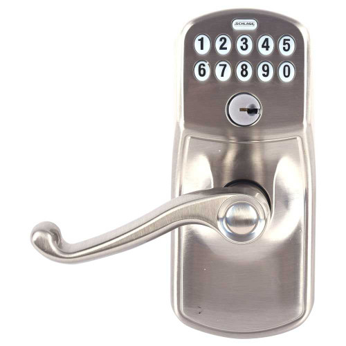 Schlage Residential FE595 PLY619FLA Grade 2 Keypad Entry with Flex Lock Plymouth Trim Flair Lever Keyed Different Satin Nickel Plated Clear Coated Finish Non-Handed FE595 PLY619FLA