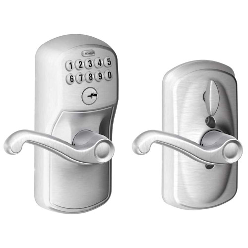Schlage Residential FE595 PLY626FLA Grade 2 Keypad Entry with Flex Lock Plymouth Trim Flair Lever Keyed Different Satin Chrome Finish Non-Handed FE595 PLY626FLA