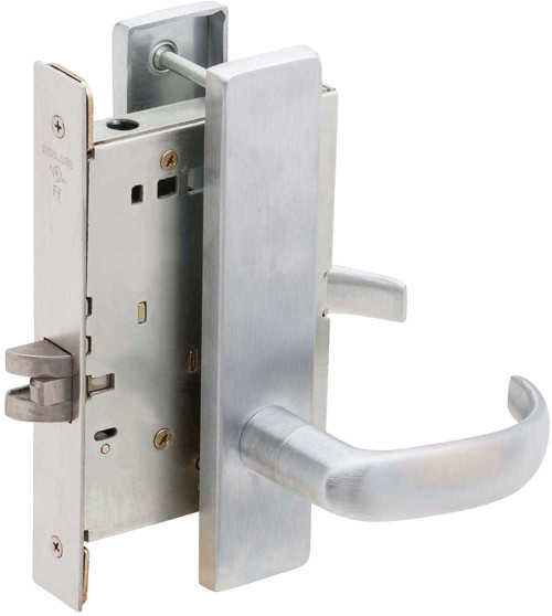 Schlage L9093EUB 17L 609 RX Grade 1 Fail Secure Electric Mortise Lock 17 Lever L Escutcheon Request to Exit Satin Brass Blackened Satin Relieved Clear Coated Finish Field Reversible L9093EUB 17L 609 RX