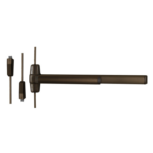 Von Duprin 9827EO-F 4 313 Grade 1 Surface Vertical Rod Exit Bar Wide Stile Pushpad 48 Fire-rated Device 84 Door Height Exit Only Less trim Less Dogging Dark Bronze Anodized Aluminum Finish Field Reversible