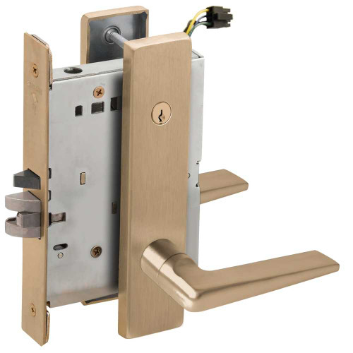 Schlage L9095ELC 05L 609 Grade 1 Electric Mortise Lock Both Sides Fail Safe with Dual Cylinder Override Concealed Cylinder S123 Keyway 05 Lever L Escutcheon Satin Brass Blackened Satin Relieved Clear Coated Finish Field Reversible L9095ELC 05L 609