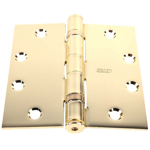 Stanley Security FBB179 4X4 3 Five Knuckle Ball Bearing Architectural Hinge Steel Full Mortise Standard Weight 4 by 4 Square Corner Bright Brass Finish FBB179 4X4 3