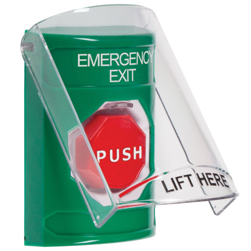 STI SS2122EX-EN Stopper Station Green Flush or Surface Shield Key-to-Reset Illuminated EMERGENCY EXIT English