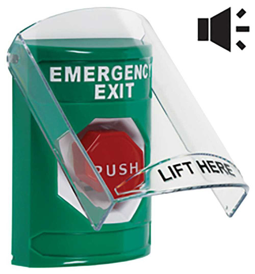 STI SS21A5EX-EN Stopper Station Green Flush or Surface Shield w/Sound Momentary Illuminated EMERGENCY EXIT English SS21A5EX-EN