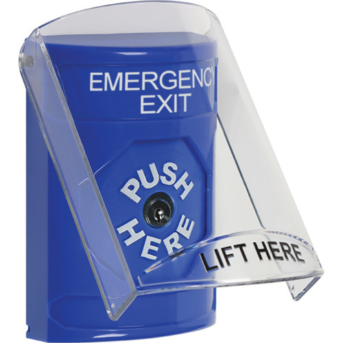 STI SS2420EX-EN Stopper Station Blue Flush or Surface Shield Key-to-Reset EMERGENCY EXIT English
