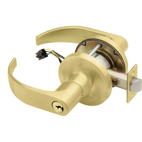 Falcon T881PD Q 606 24V Grade 1 Storeroom Electric Cylindrical Lock Fail Secure Conventional Cylinder 5 Pins Quantum Lever 3-1/2 Rose Diameter Matte Brass Finish Field Reversible T881PD Q 606 24V