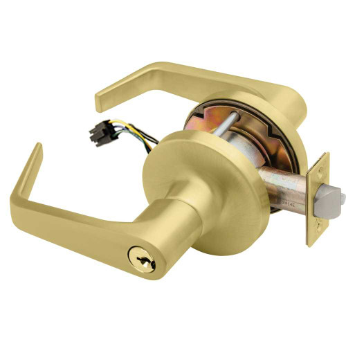 Falcon T881CP6D D 606 24V KD Grade 1 Storeroom Electric Cylindrical Lock Fail Secure Conventional Cylinder 6 Pins Dane Lever 3-1/2 Rose Diameter Matte Brass Finish Field Reversible T881CP6D D 606 24V KD