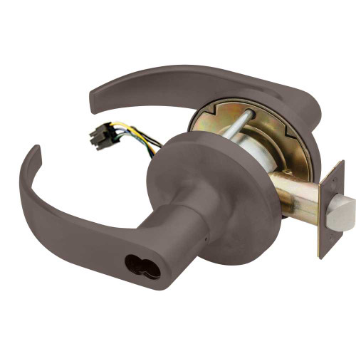 Falcon T851BD Q 613 24V Grade 1 Storeroom Electric Cylindrical Lock Fail Safe SFIC Prep Less Core 6 to 7 Pins Quantum Lever 3-1/2 Rose Diameter Dark Bronze Finish Field Reversible T851BD Q 613 24V