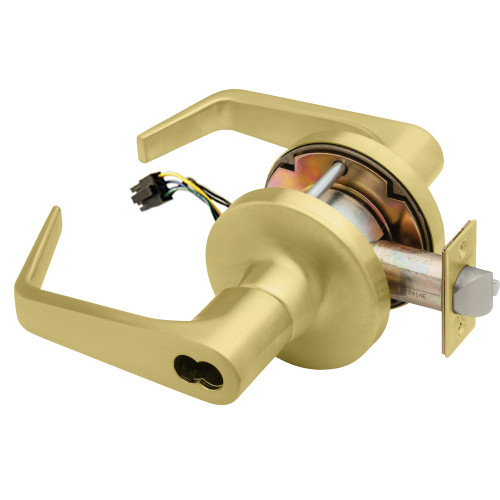 Falcon T881BD D 606 24V Grade 1 Storeroom Electric Cylindrical Lock Fail Secure SFIC Prep Less Core 6 to 7 Pins Dane Lever 3-1/2 Rose Diameter Matte Brass Finish Field Reversible