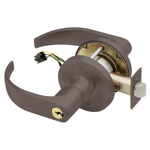 Falcon T881CP6D Q 613 24V KD Grade 1 Storeroom Electric Cylindrical Lock Fail Secure Conventional Cylinder 6 Pins Quantum Lever 3-1/2 Rose Diameter Dark Bronze Finish Field Reversible