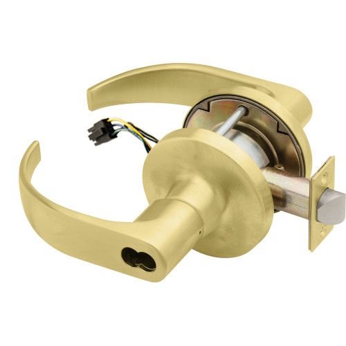 Falcon T851BD Q 606 24V Grade 1 Storeroom Electric Cylindrical Lock Fail Safe SFIC Prep Less Core 6 to 7 Pins Quantum Lever 3-1/2 Rose Diameter Matte Brass Finish Field Reversible