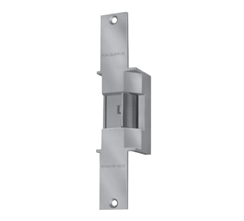 Von Duprin 6225 24V 32D Grade 1 Electric Strike Fail Secure Electrically Unlocked 24 VDC 9 x 1-3/8 Faceplate Fire Rated For use with Cylindrical or Mortise Locks on Double Doors Open Back Hollow Metal or Aluminum Frame Satin Stainless Steel Finish 6225 24V 32D
