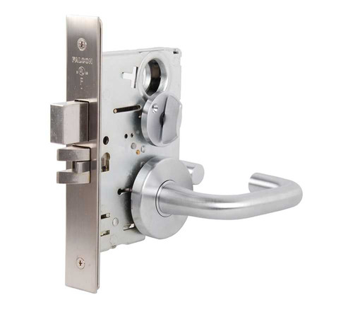 Falcon MA881B SG 606 24VDC Electrified Mortise Lock 24VDC Fail Secure SFIC Prep Less Core Sutro Lever Gala Rose Satin Brass MA881B SG 606 24VDC