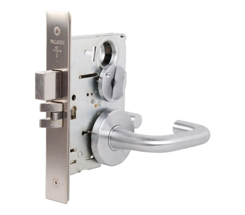 Falcon MA881L SG 605 24VDC Electrified Mortise Lock 24VDC Fail Secure Less Cylinder Sutro Lever Gala Rose Bright Brass