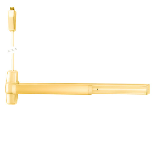 Von Duprin 9927EO 4 US3 LBR Grade 1 Surface Vertical Rod Exit Bar Wide Stile Pushpad 48 Panic Device 84 Door Height Exit Only Less trim Less Bottom Rod Hex Key Dogging Bright Brass Finish Field Reversible 9927EO 4 US3 LBR