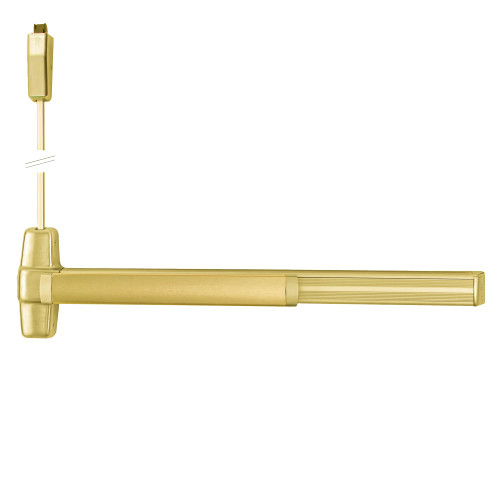 Von Duprin 9927EO-F 4 US4 LBR Grade 1 Surface Vertical Rod Exit Bar Wide Stile Pushpad 48 Fire-rated Device 84 Door Height Exit Only Less trim Less Bottom Rod Less Dogging Satin Brass Finish Field Reversible 9927EO-F 4 US4 LBR