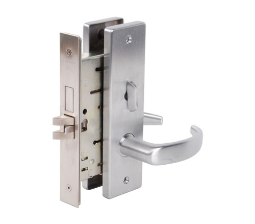 Falcon MA881L QN 626 12VDC Electrified Mortise Lock 12VDC Fail Secure Less Cylinder Quantum Lever Napa Escutcheon Satin Chrome