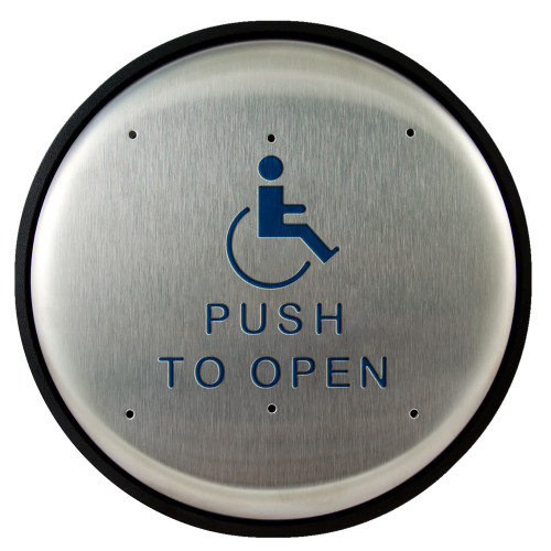 BEA 10PBR1 Stainless steel push plate 6 round blue handicap logo and text 