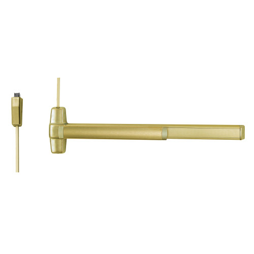 Von Duprin QEL9827EO-F 3 US4 LBR Grade 1 Surface Vertical Rod Exit Bar Wide Stile Pushpad 36 Fire-rated Device 84 Door Height Exit Only Less trim Less Bottom Rod Motorized Latch Retraction Less Dogging Satin Brass Finish Field Reversible