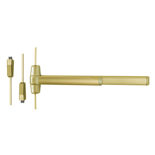 Von Duprin RXQEL9827EO-F 3 US4 Grade 1 Surface Vertical Rod Exit Bar Wide Stile Pushpad 36 Fire-rated Device 84 Door Height Exit Only Less trim Motorized Latch Retraction Request to Exit Switch Less Dogging Satin Brass Finish Field Reversible