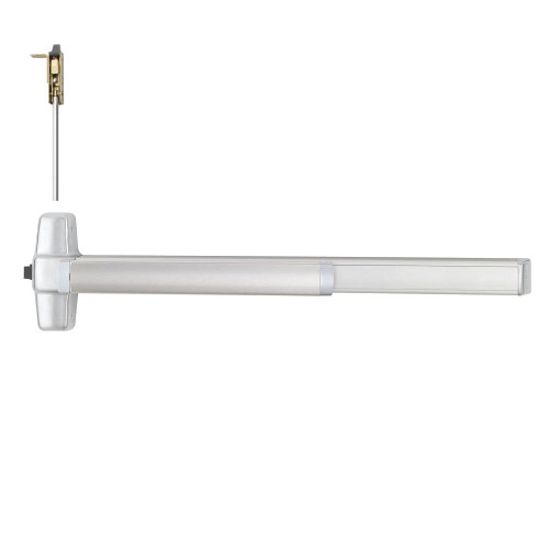 Von Duprin RXQEL9847EO 3 26D LBR Grade 1 Concealed Vertical Rod Exit Bar Wide Stile Pushpad 36 Device 80 to 100 Door Height Exit Only Less Bottom Rod Motorized Latch Retraction Request to Exit Switch Less Dogging Satin Chrome Finish Field Reversible RXQEL9847EO 3 26D LBR