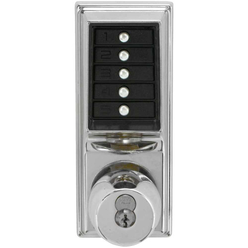 Kaba Simplex 1021B-026-41 Grade 1 Pushbutton Cylindrical Knob Lock Combination Entry Function with Key Override 2-3/4 Backset 1/2 Throw Latch 6/7-Pin SFIC Prep Less Core Bright Chrome Finish Field Reversible 1021B-026-41