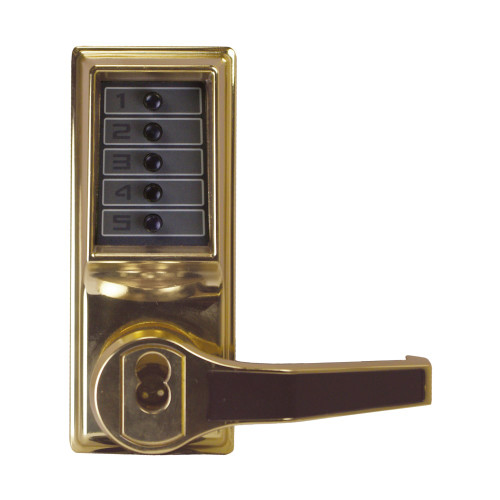 Kaba Simplex LR1021B-03-41 Pushbutton Cylindrical Lever Lock Combination Entry Function with Key Override 2-3/4 Backset 1/2 Throw Latch 6/7-Pin SFIC Prep Less Core Bright Brass Finish Right Hand/Right Hand Reverse