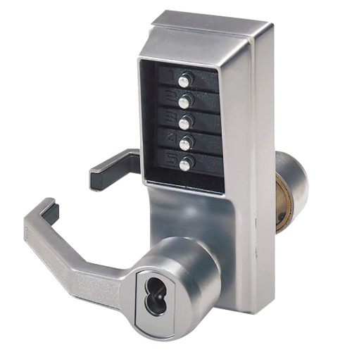 Kaba Simplex LL1021R-26D-41 Pushbutton Cylindrical Lever Lock Combination Entry Function with Key Override 2-3/4 Backset 1/2 Throw Latch Sargent LFIC Prep Less Core Satin Chrome Finish Left Hand/Left Hand Reverse