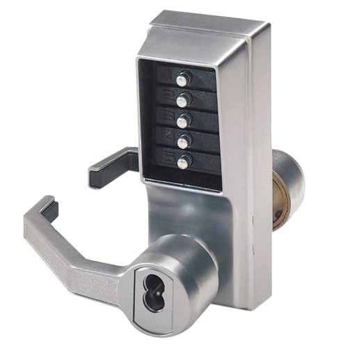 Kaba Simplex LL1021R-26D-41 Pushbutton Cylindrical Lever Lock Combination Entry Function with Key Override 2-3/4 Backset 1/2 Throw Latch Sargent LFIC Prep Less Core Satin Chrome Finish Left Hand/Left Hand Reverse LL1021R-26D-41