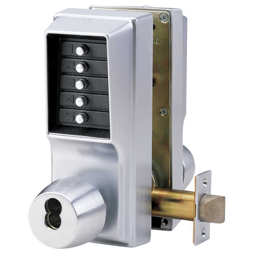 Kaba Simplex EE1025M/EE1025M-26D-41 Cylindrical Knob Lock Combination or Key Override Entry Combination or Key Override Exit 2-3/4 Backset 3/4 Throw Latch Medeco/Yale/ASSA/Abloy LFIC Prep Less Core Satin Chrome EE1025M/EE1025M-26D-41