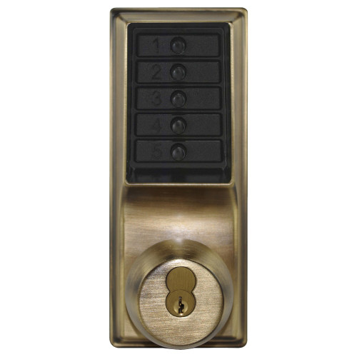 Kaba Simplex 1021S-05-41 Grade 1 Pushbutton Cylindrical Knob Lock Combination Entry Function with Key Override 2-3/4 Backset 1/2 Throw Latch Schlage FSIC Prep Less Core Antique Brass Finish Field Reversible