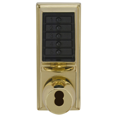 Kaba Simplex 1021S-03-41 Grade 1 Pushbutton Cylindrical Knob Lock Combination Entry Function with Key Override 2-3/4 Backset 1/2 Throw Latch Schlage FSIC Prep Less Core Bright Brass Finish Field Reversible