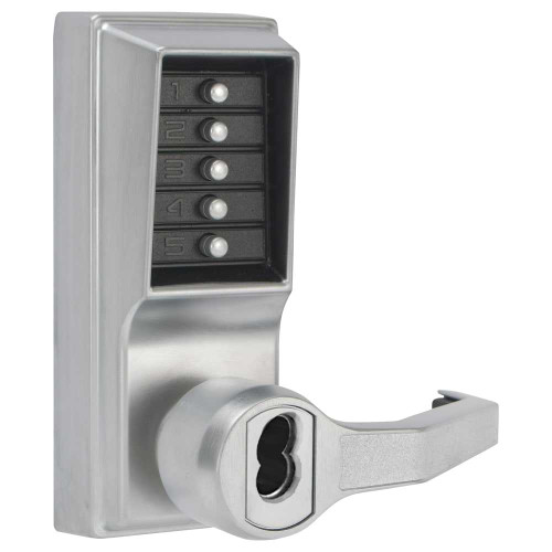 Kaba Simplex LR1076B-26D-41 Pushbutton Cylindrical Lever Lock Combination Entry/Privacy Lockout Function with Key Override 2-3/4 Backset 3/4 Throw Latch 6/7-Pin SFIC Prep Less Core Satin Chrome Finish Right Hand/Right Hand Reverse LR1076B-26D-41