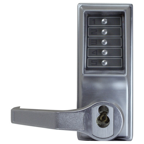 Kaba Simplex LL1021M-26D-41 Pushbutton Cylindrical Lever Lock Combination Entry Function with Key Override 2-3/4 Backset 1/2 Throw Latch Medeco/Yale/ASSA/Abloy LFIC Prep Less Core Satin Chrome Finish Left Hand/Left Hand Reverse