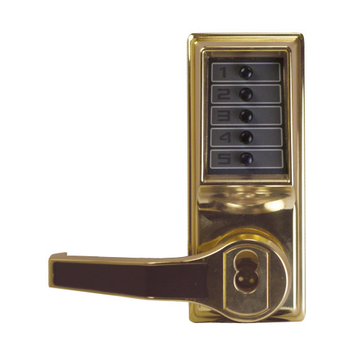Kaba Simplex LL1021B-03-41 Pushbutton Cylindrical Lever Lock Combination Entry Function with Key Override 2-3/4 Backset 1/2 Throw Latch 6/7-Pin SFIC Prep Less Core Bright Brass Finish Left Hand/Left Hand Reverse