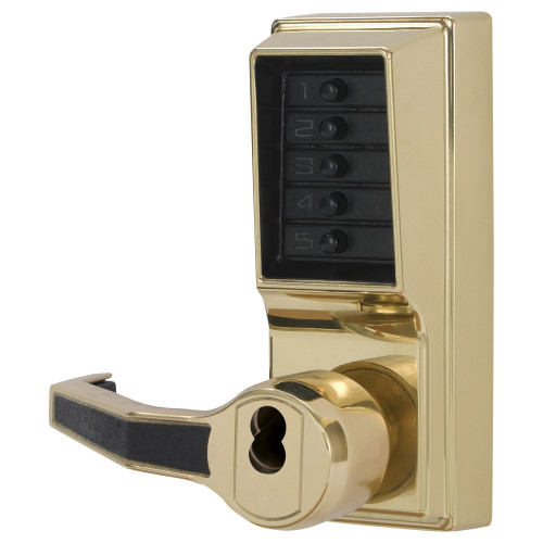 Kaba Simplex LL1021S-03-41 Pushbutton Cylindrical Lever Lock Combination Entry Function with Key Override 2-3/4 Backset 1/2 Throw Latch Schlage FSIC Prep Less Core Bright Brass Finish Left Hand/Left Hand Reverse