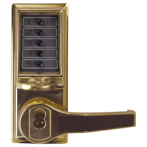 Kaba Simplex LR1021S-03-41 Pushbutton Cylindrical Lever Lock Combination Entry Function with Key Override 2-3/4 Backset 1/2 Throw Latch Schlage FSIC Prep Less Core Bright Brass Finish Right Hand/Right Hand Reverse