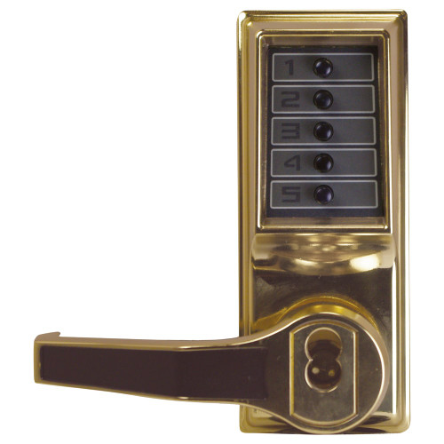 Kaba Simplex LL1021C-03-41 Pushbutton Cylindrical Lever Lock Combination Entry Function with Key Override 2-3/4 Backset 1/2 Throw Latch Corbin Russwin 6-Pin LFIC Prep Less Core Bright Brass Finish Left Hand/Left Hand Reverse