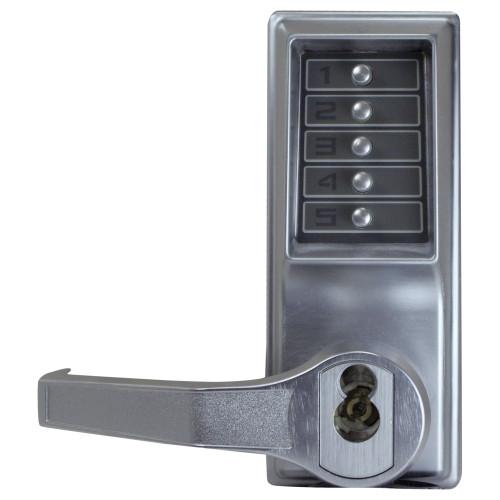 Kaba Simplex LL1022B-26D-41 Pushbutton Cylindrical Lever Lock Combination Entry Function with Key Override 2-3/8 Backset 1/2 Throw Latch 6/7-Pin SFIC Prep Less Core Satin Chrome Finish Left Hand/Left Hand Reverse