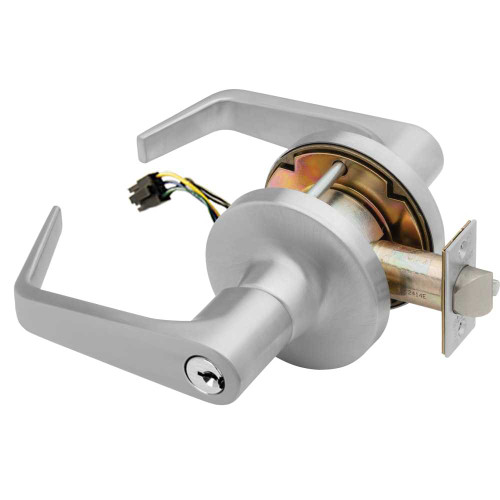 Falcon T881PD D 626 24V Grade 1 Storeroom Electric Cylindrical Lock Fail Secure Conventional Cylinder 5 Pins Dane Lever 3-1/2 Rose Diameter Matte Silver Finish Field Reversible T881PD D 626 24V
