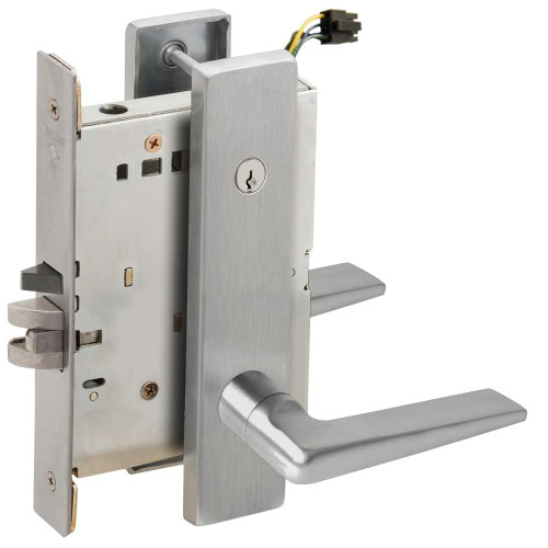 Schlage L9095ELC 05L 630 Grade 1 Electric Mortise Lock Both Sides Fail Safe with Dual Cylinder Override Concealed Cylinder S123 Keyway 05 Lever L Escutcheon Satin Stainless Steel Finish Field Reversible L9095ELC 05L 630