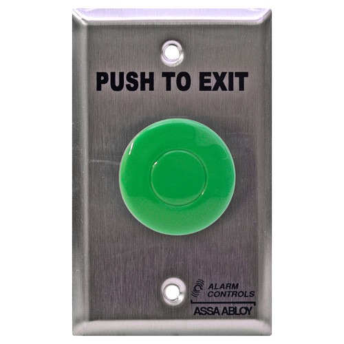 Alarm Controls TS-14 1-1/2 Green Mushroom Button PUSH TO EXIT Pneumatic Time Delay Single Gang Satin Stainless Steel