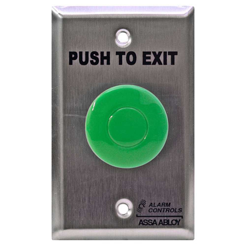 Alarm Controls TS-14 1-1/2 Green Mushroom Button PUSH TO EXIT Pneumatic Time Delay Single Gang Satin Stainless Steel TS-14