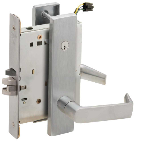 Schlage L9095EUC 06L 626 Grade 1 Electric Mortise Lock Both Sides Fail Secure with Dual Cylinder Override Concealed Cylinder S123 Keyway 06 Lever L Escutcheon Satin Chrome Finish Field Reversible L9095EUC 06L 626