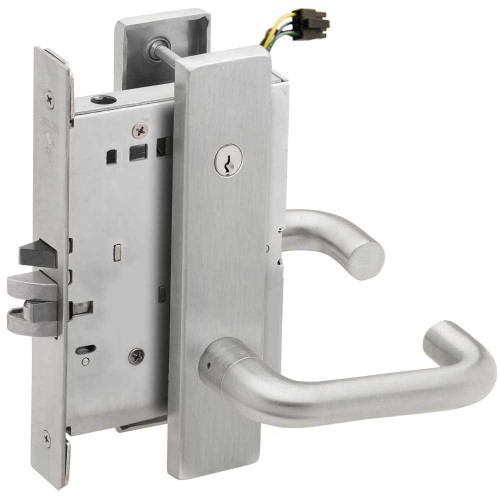Schlage L9095ELC 03L 626 Grade 1 Electric Mortise Lock Both Sides Fail Safe with Dual Cylinder Override Concealed Cylinder S123 Keyway 03 Lever L Escutcheon Satin Chrome Finish Field Reversible L9095ELC 03L 626