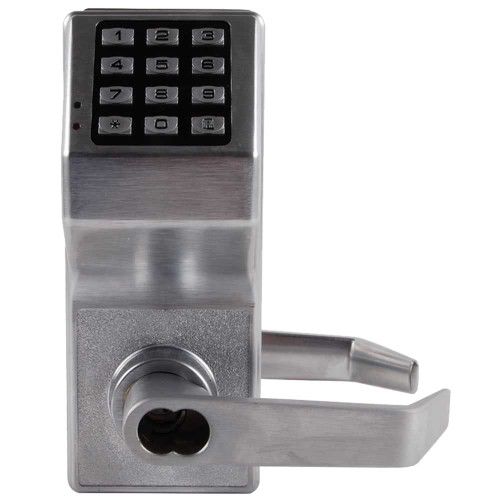 Alarm Lock DL5200IC US26D Pushbutton Cylindrical Door Lock Double Sided 100 Users Weatherproof Straight Lever SFIC Prep Less Core Satin Chrome DL5200IC US26D