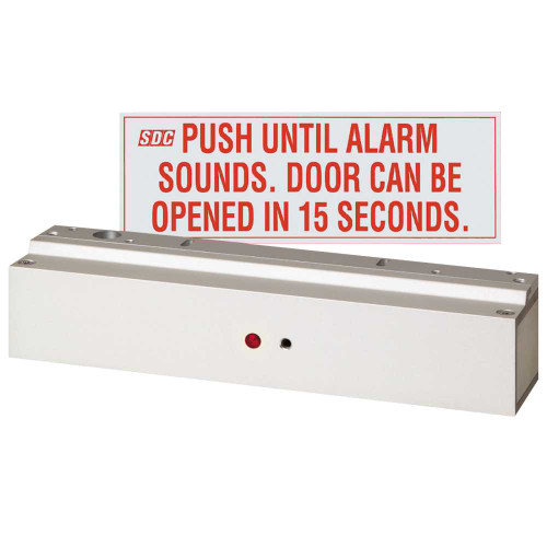 SDC 1581SNDV ExitCheck Mini Delayed Egress EMLock 12/24 VDC 650 lbs Holding Force IBC IFC NFPA 101 NFPA 1-UFC UBCSBC Compliant Satin Aluminum Clear Anodized 1581SNDV