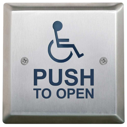 Camden CM-46K/4 4-1/2 Square Push Plate Switch Kinetic Wireless Transmitter 300' Range Exposed Screws SPDT Relay 'Push to Open' Text/Wheelchair Icon Blue Finish CM-46K/4