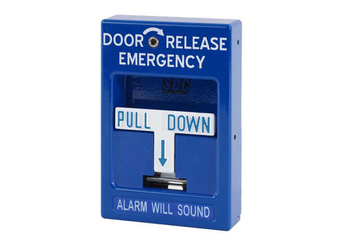 SDC 492 Emergency Door Release Blue Pull Station 2-SPDT 10 Amp Contacts with Built in Local Alarm 12/24V 2 Replacement Glass Rods Included Single Gang Box Mount 492
